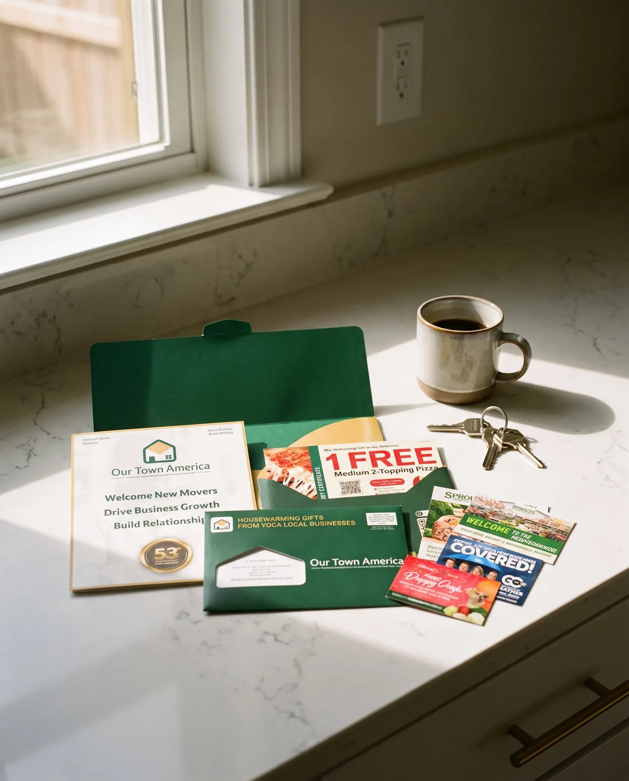 A new mover direct mail kit on a kitchen counter