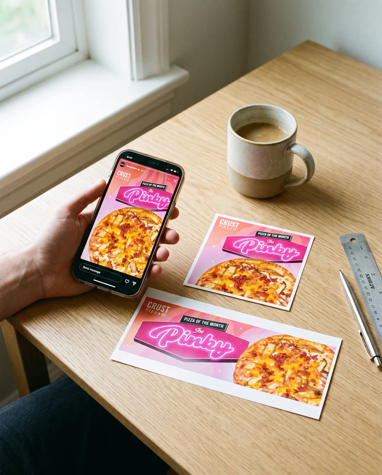 A pizza shop social ad on a phone with printed proofs