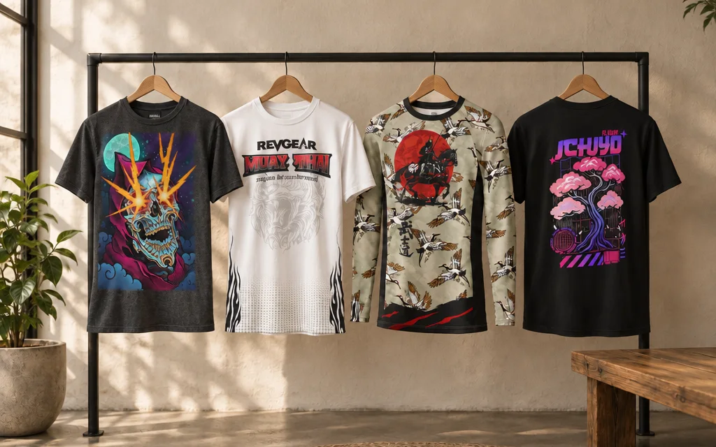 A rack of printed apparel: a skull art tee, a Revgear Muay Thai tee, a 10th Planet rash guard and a cherry blossom tee