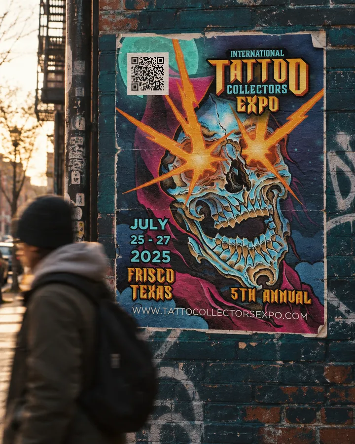 A tattoo expo poster on a brick wall
