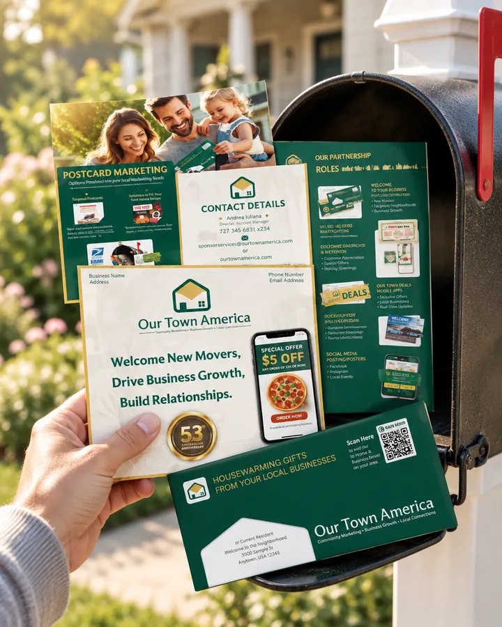 Direct mail postcards coming out of a mailbox