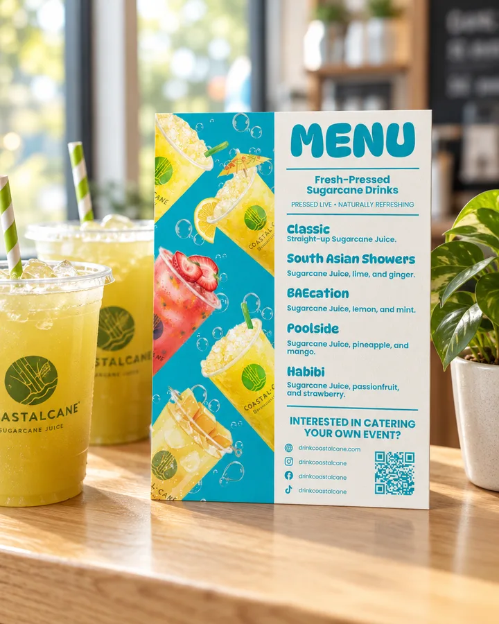 A juice bar menu on a cafe counter