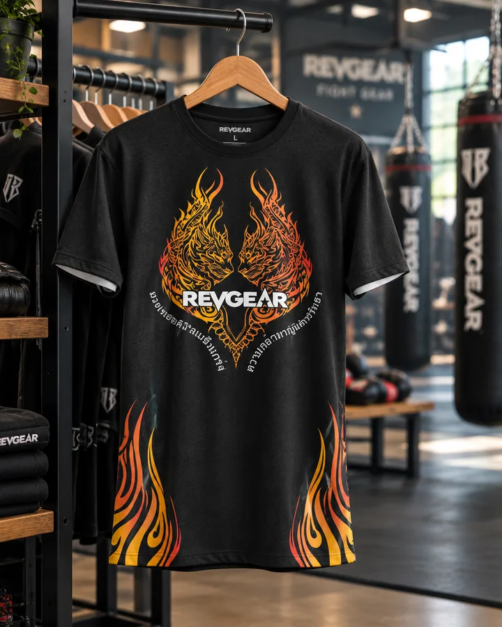 A Muay Thai t-shirt on a gym shop rack