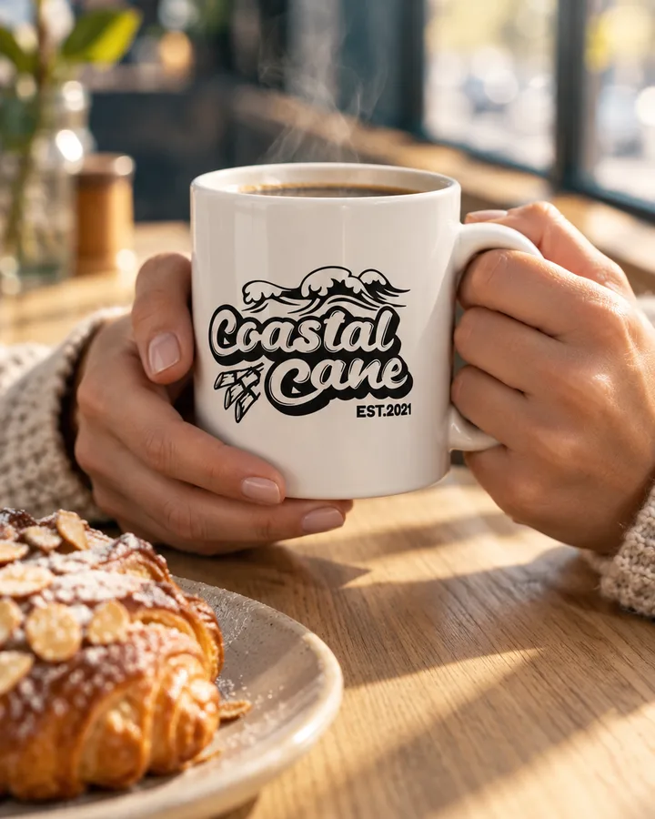 A branded coffee mug in a cafe