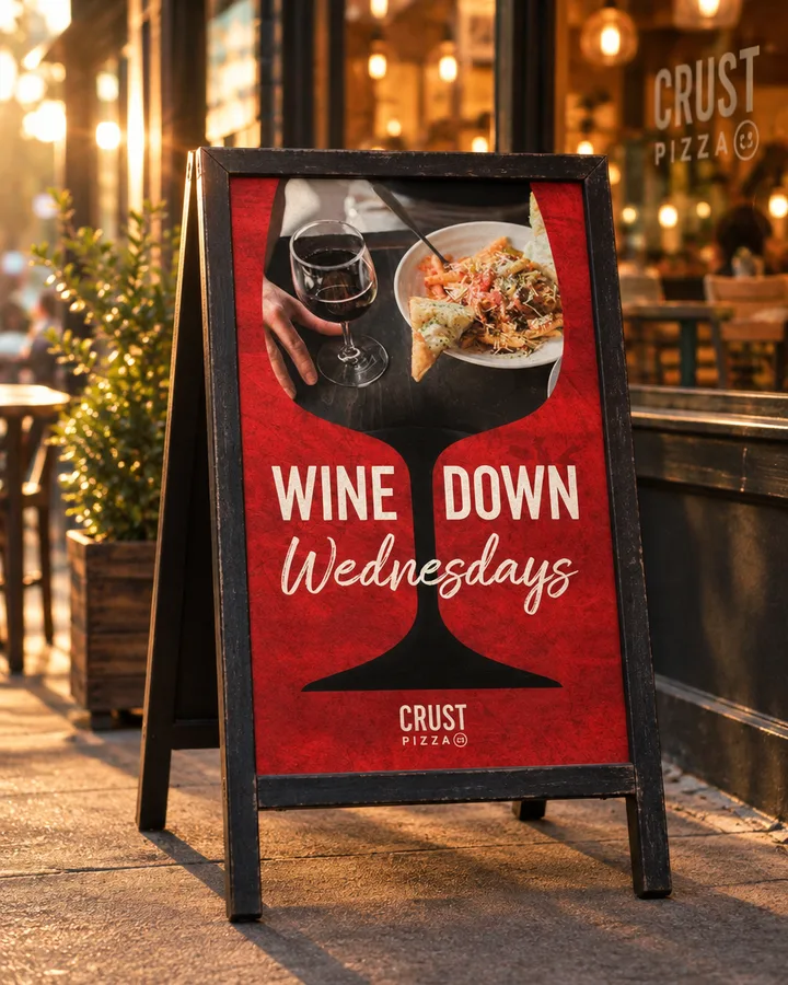A Wine Down Wednesdays sign outside a pizzeria